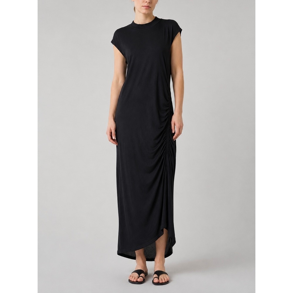 Daily Practice Anthro Mock Neck Ruched Midi Dress Womens L Black Knit Minimalist